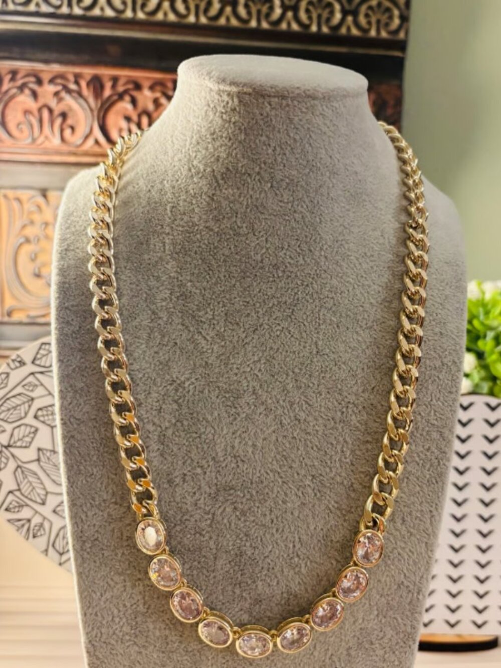 Gold Chain Necklace with Oval CZ Gemstones